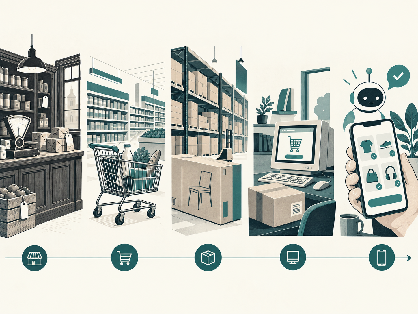 Illustrated timeline of commerce, from neighborhood shops to digital storefronts